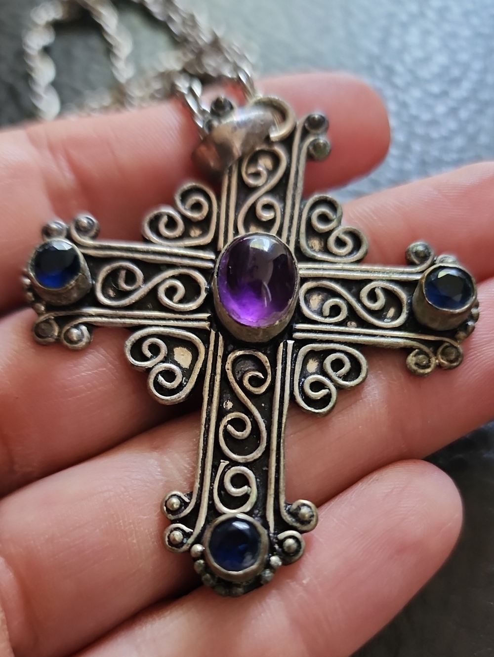 VTG Filigree Cross Pendant Necklace with Purple and Blue Gemstones